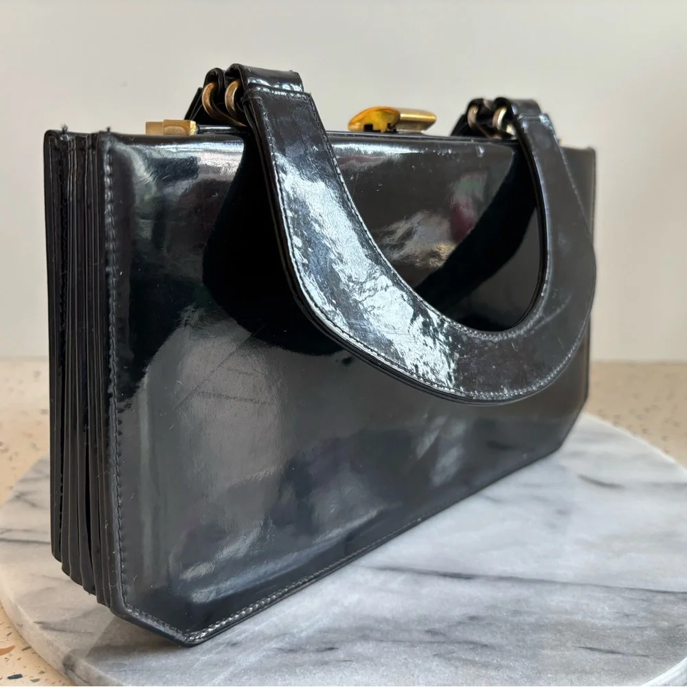 Vintage‎ 1960s Susan Gail Original Elegant Black Patent Leather Handbag Purse